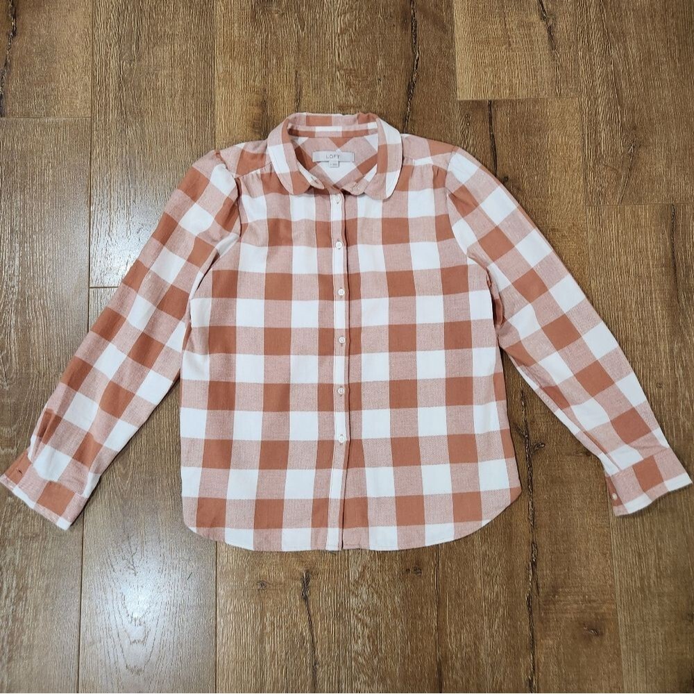 Loft Petite Flannel Plaid Round Collar Shirt sz small cottagecore prairiecore - Picture 3 of 11